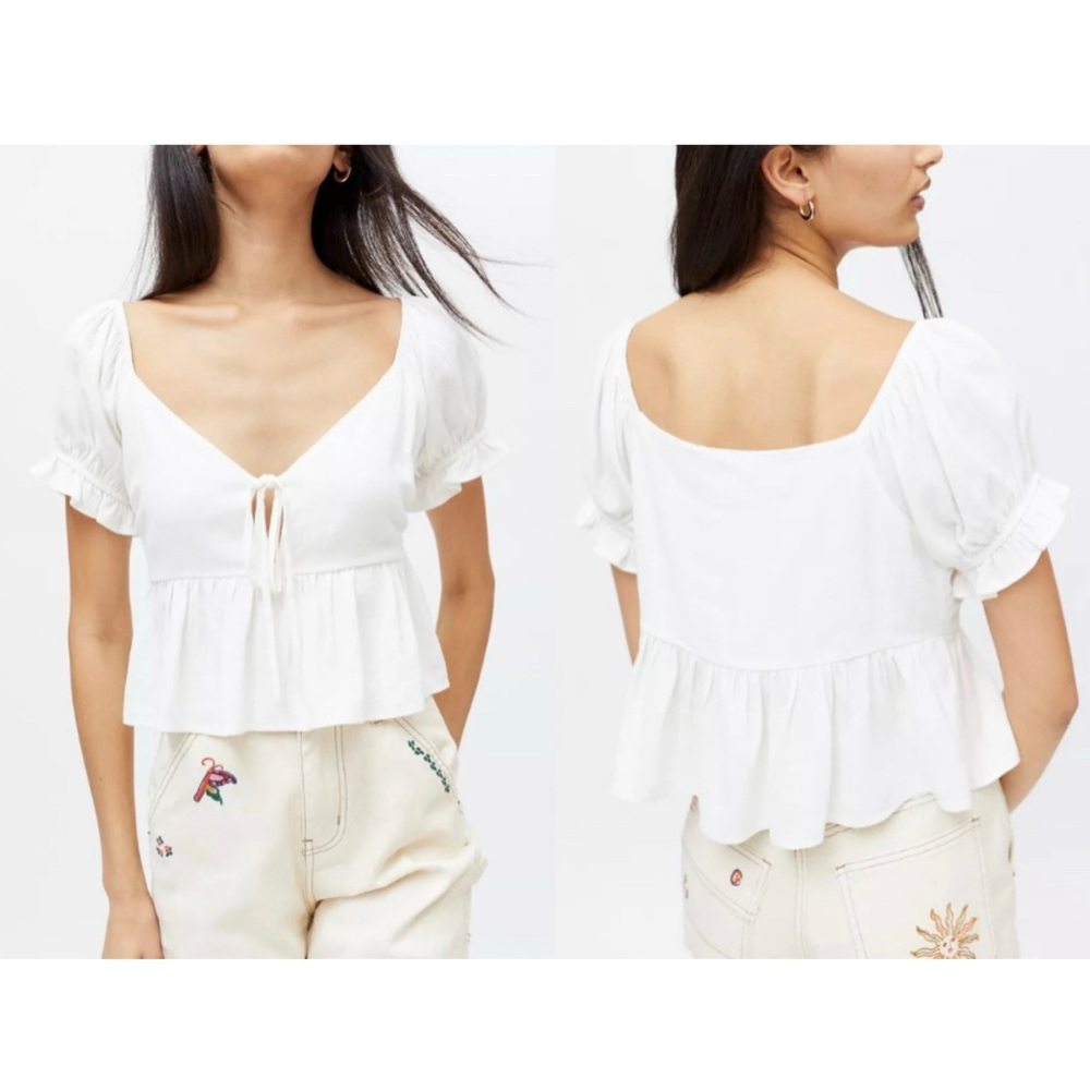 Lisa Says Gah Lily Tie-Front Top Puff Sleeve Babydoll Urban Outfitters